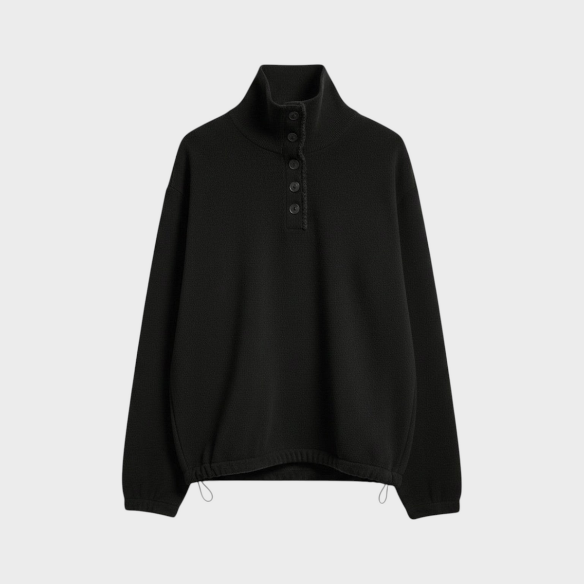 Tasoni Barrie black cashmere high neck sweater with a button-up placket and adjustable drawstring hem.