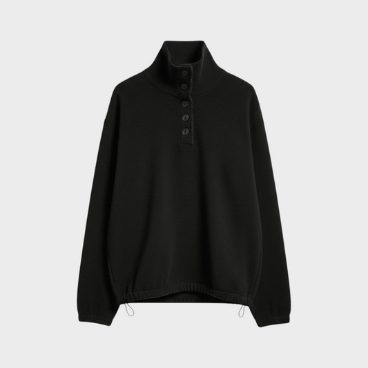 Tasoni Barrie black cashmere high neck sweater with a button-up placket and adjustable drawstring hem.