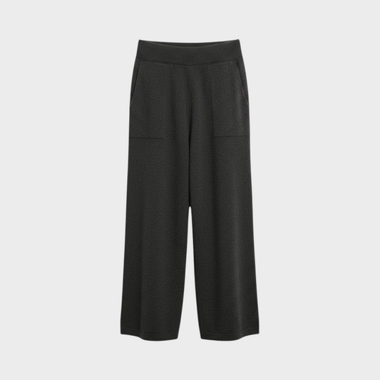 Tasoni Barrie charcoal grey cashmere straight cut pants with a ribbed waistband and front patch pockets.