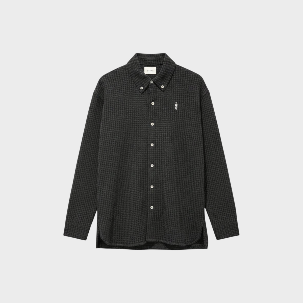 Tasoni Barrie unisex button-down shirt in charcoal grey cashmere and cotton blend with a textured houndstooth pattern.