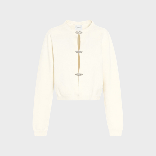 Tasoni Barrie cream cashmere cardigan featuring three decorative crystal strass button closures on the front.