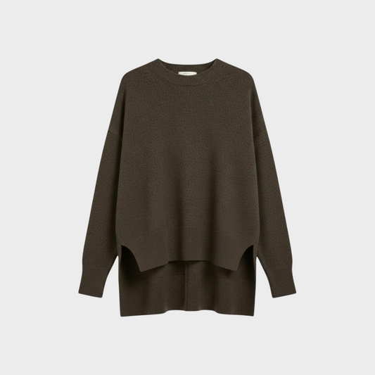 Tasoni Barrie Knitwear charcoal grey oversized cashmere sweater with a round neck and high-low side slit hem.