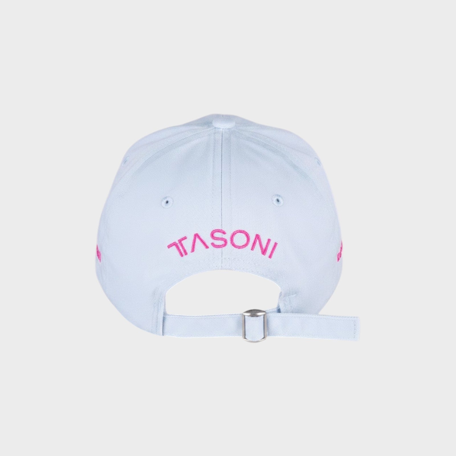 Tasoni x Alexandra Bachzetsis light blue baseball cap with pink embroidered logo on back and sides.
