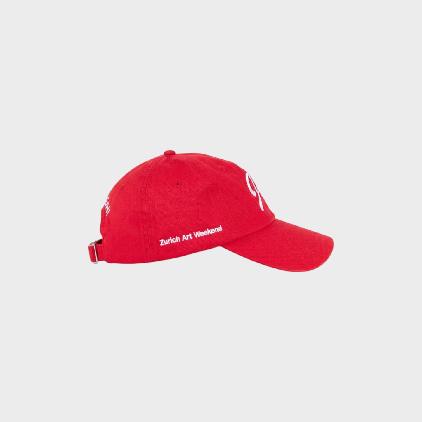 Tasoni x Mitchell Anderson red cotton baseball cap with white embroidery and adjustable strap