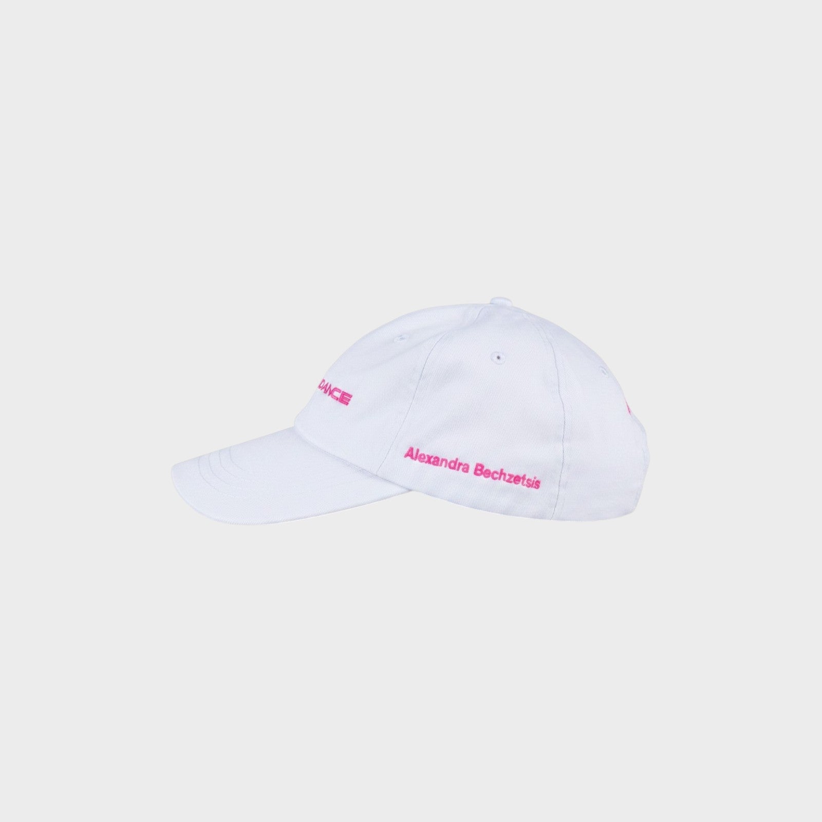 Tasoni x Alexandra Bachzetsis white cotton baseball cap with pink embroidered text.