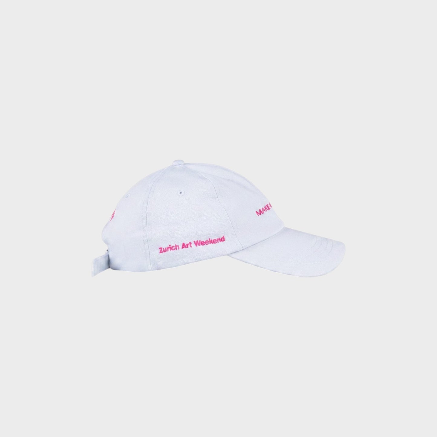 Tasoni x Alexandra Bachzetsis white baseball cap with pink embroidered text "MAKE" and "Zurich Art Weekend".