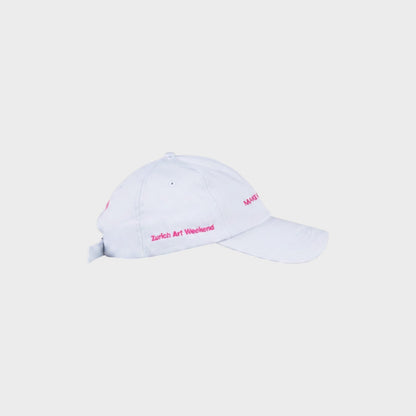 Tasoni x Alexandra Bachzetsis white baseball cap with pink embroidered text "MAKE" and "Zurich Art Weekend".
