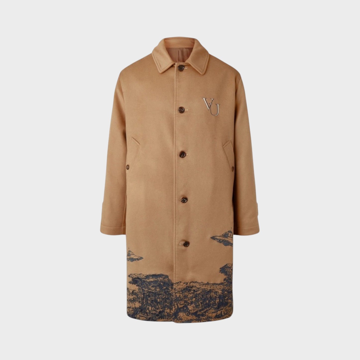 Tasoni beige cashmere coat with grey UFO embroidery and VU logo on chest. Long sleeves, button front, collared.