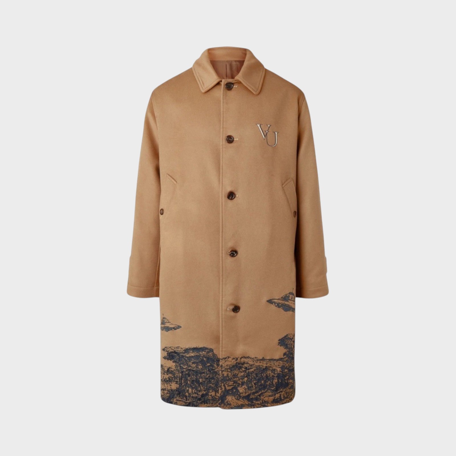 Tasoni beige cashmere coat with grey UFO embroidery and VU logo on chest. Long sleeves, button front, collared.