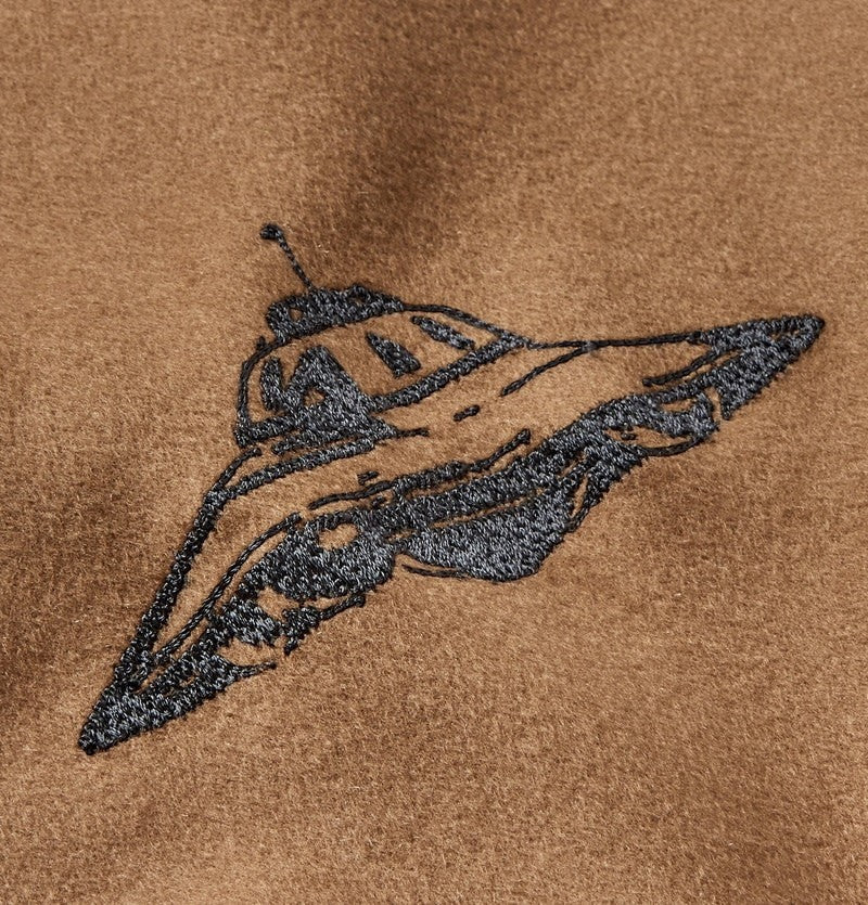 Tasoni beige cashmere coat with grey UFO embroidery detail