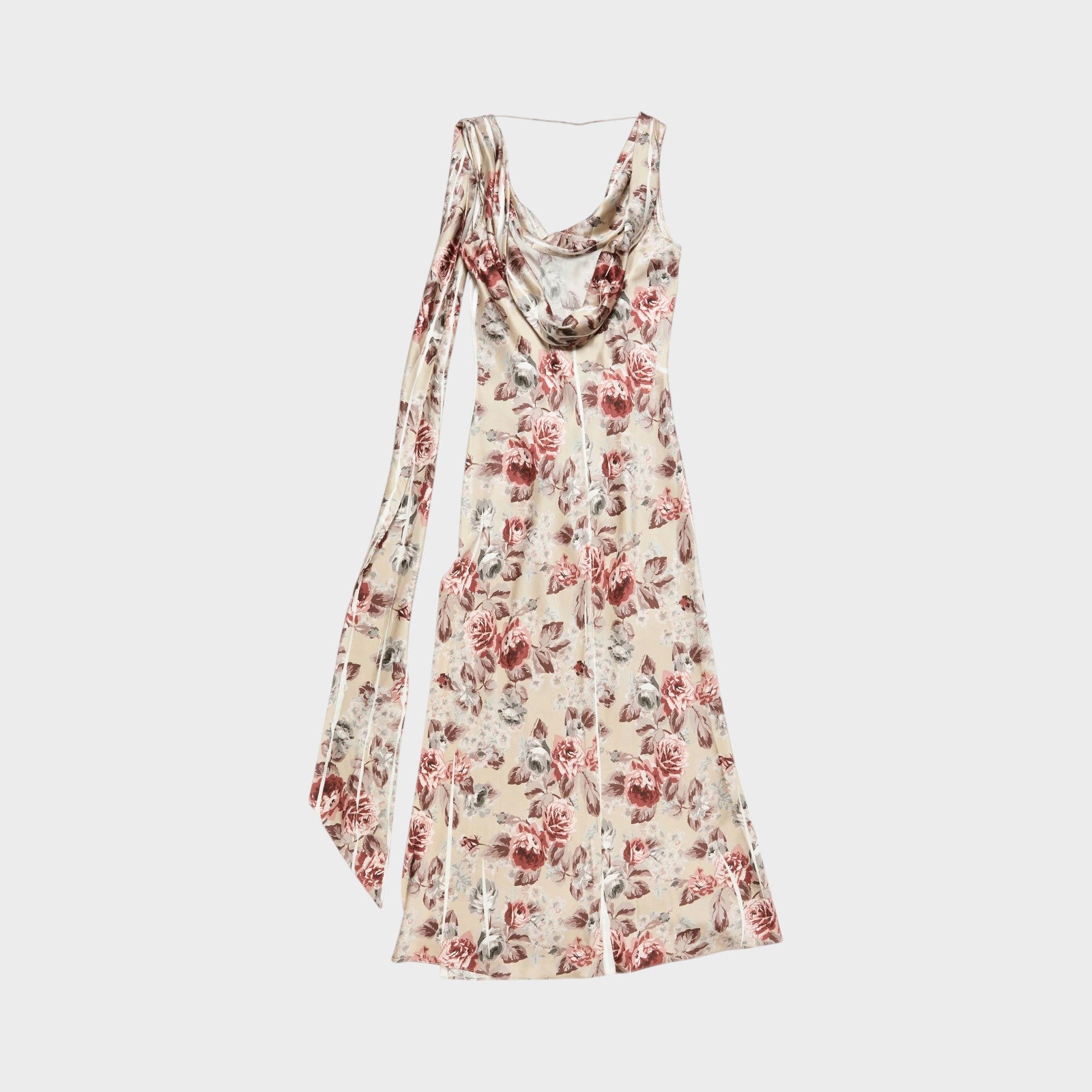 Tasoni beige draped floral print sleeveless long dress with side slit and flowing sleeve detail.