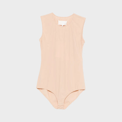 Tasoni beige crew neck sleeveless bodysuit in almond. Features a snap closure at the crotch.