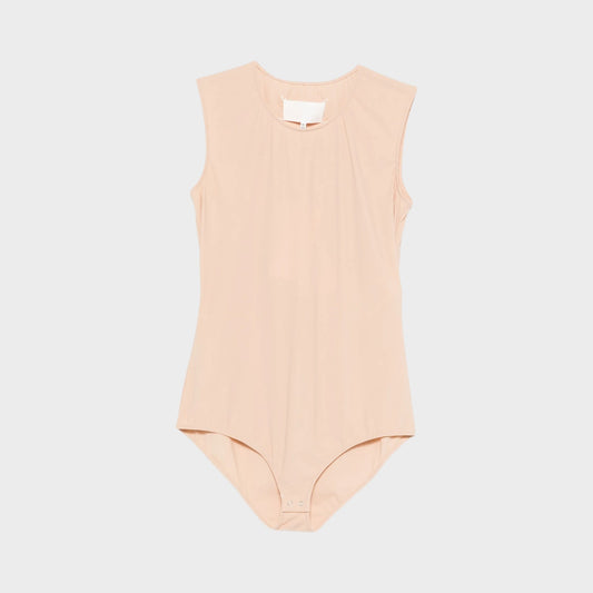Tasoni beige crew neck sleeveless bodysuit in almond. Features a snap closure at the crotch.