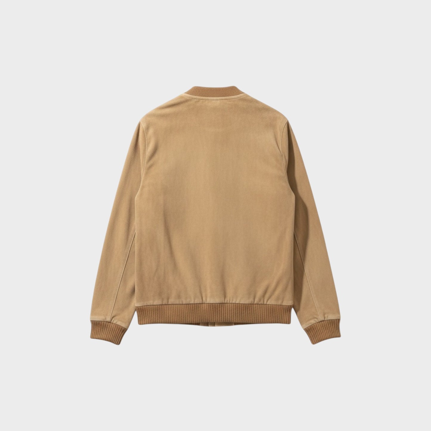 Tasoni beige suede and wool bomber jacket with ribbed collar, cuffs, and hem.