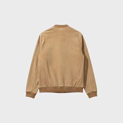 Tasoni beige suede and wool bomber jacket with ribbed collar, cuffs, and hem.