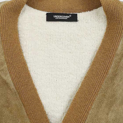 Tasoni beige suede and wool blend cardigan with a cream textured interior and brown knit trim.