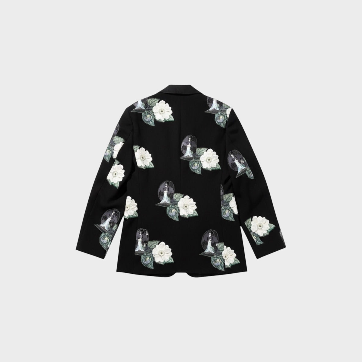 Tasoni black single-breasted blazer with all-over print of white roses and a figure in a dome.