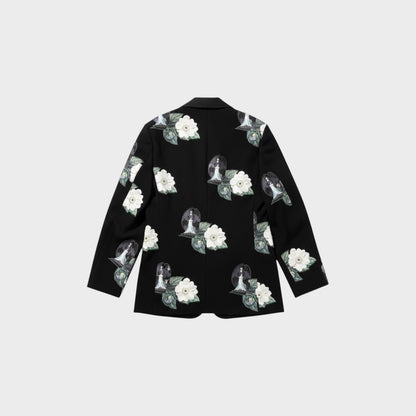 Tasoni black single-breasted blazer with all-over print of white roses and a figure in a dome.