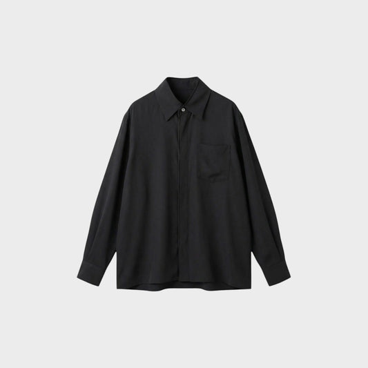 Tasoni classic black long-sleeve shirt with a single chest pocket and button-up front.