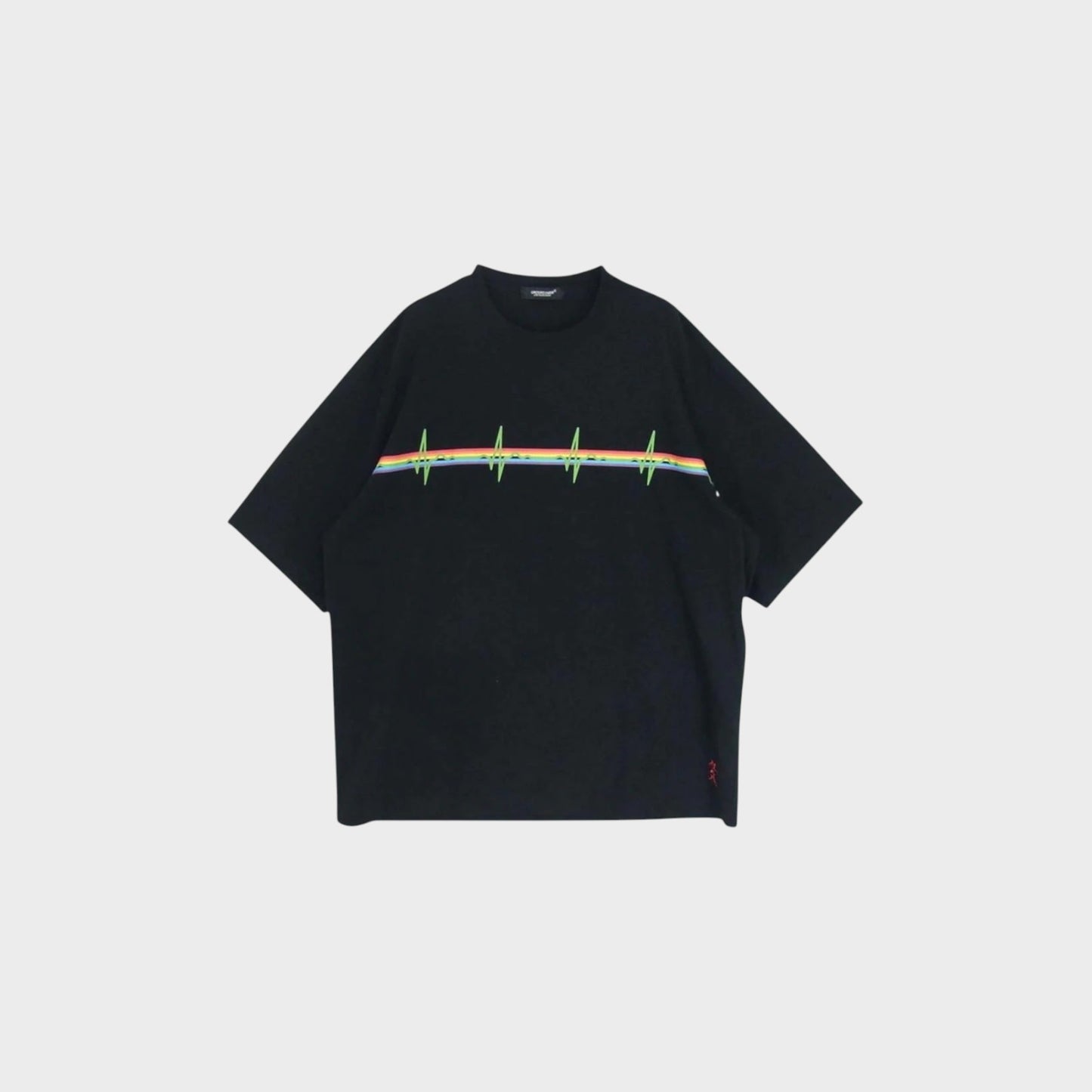 Tasoni black cotton oversized t-shirt with crew neck, short sleeves, and a rainbow heartbeat print.
