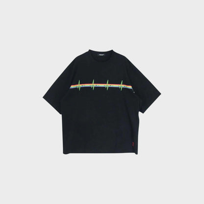Tasoni black cotton oversized t-shirt with crew neck, short sleeves, and a rainbow heartbeat print.
