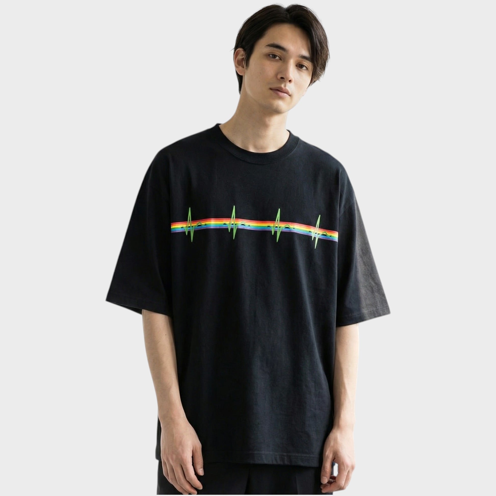 Tasoni black cotton oversized t-shirt with rainbow heartbeat print and crew neck.