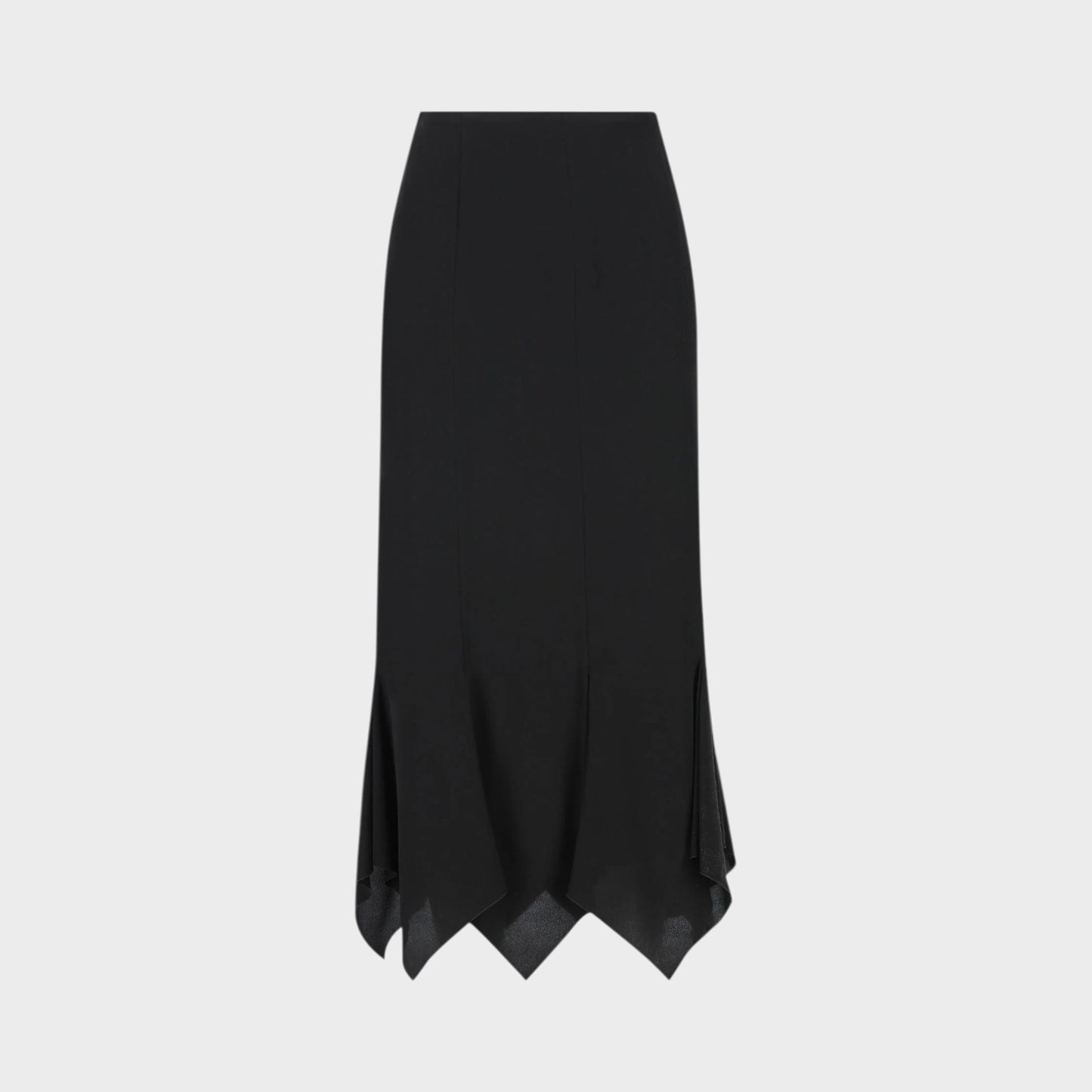 Tasoni black crepe de chine midi skirt with a pointed hem and subtle side slits.