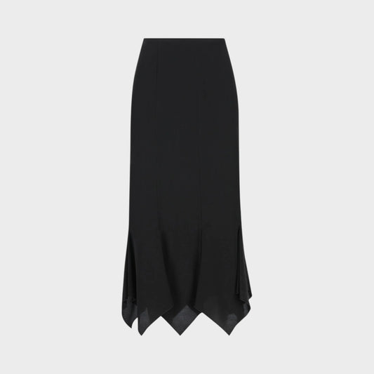 Tasoni black crepe de chine midi skirt with a pointed hem and subtle side slits.