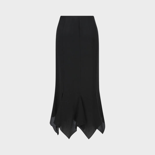 Tasoni black crepe de chine midi skirt with a unique handkerchief hemline.
