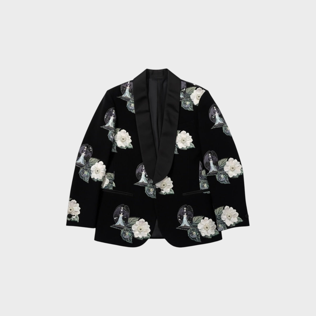 Tasoni black single-breasted blazer with embroidered roses and a figure in a snow globe print. Features satin lapels.