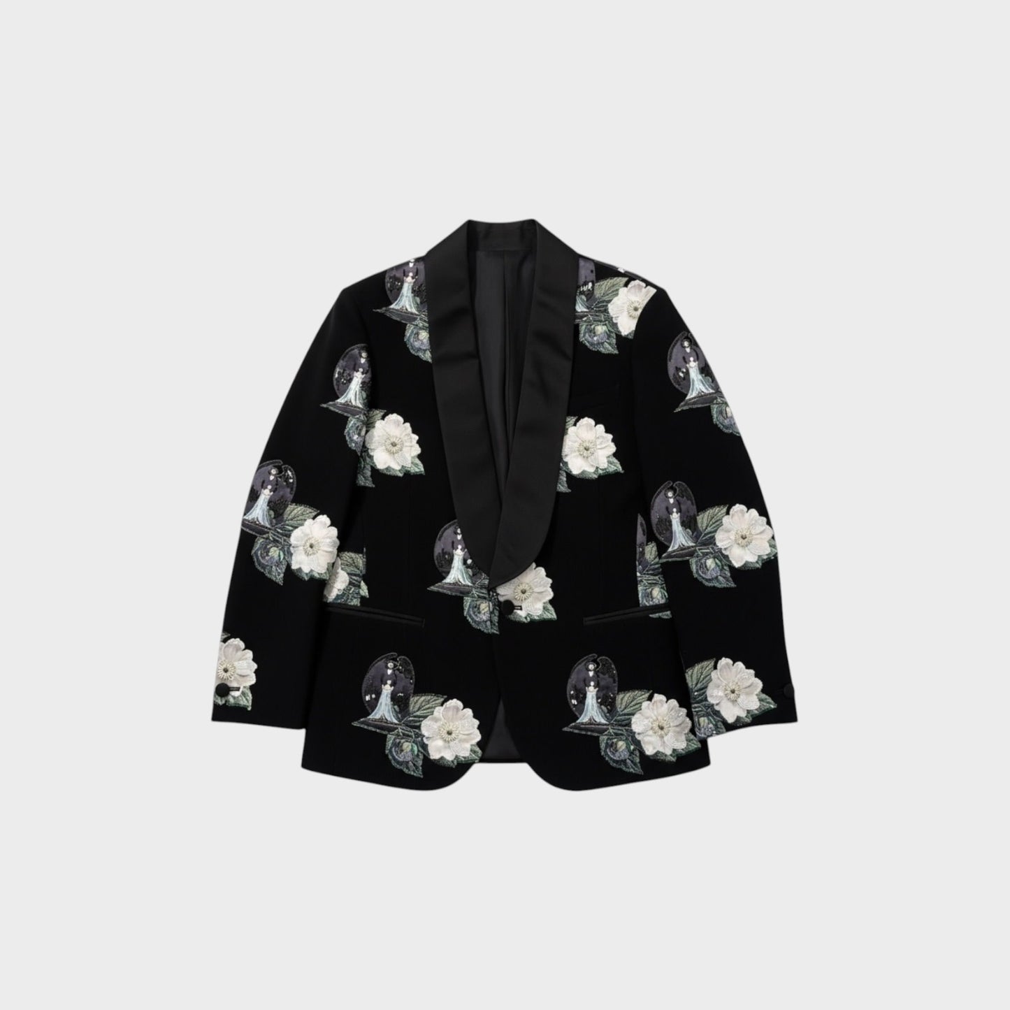 Tasoni black single-breasted blazer with embroidered roses and a figure in a snow globe print. Features satin lapels.