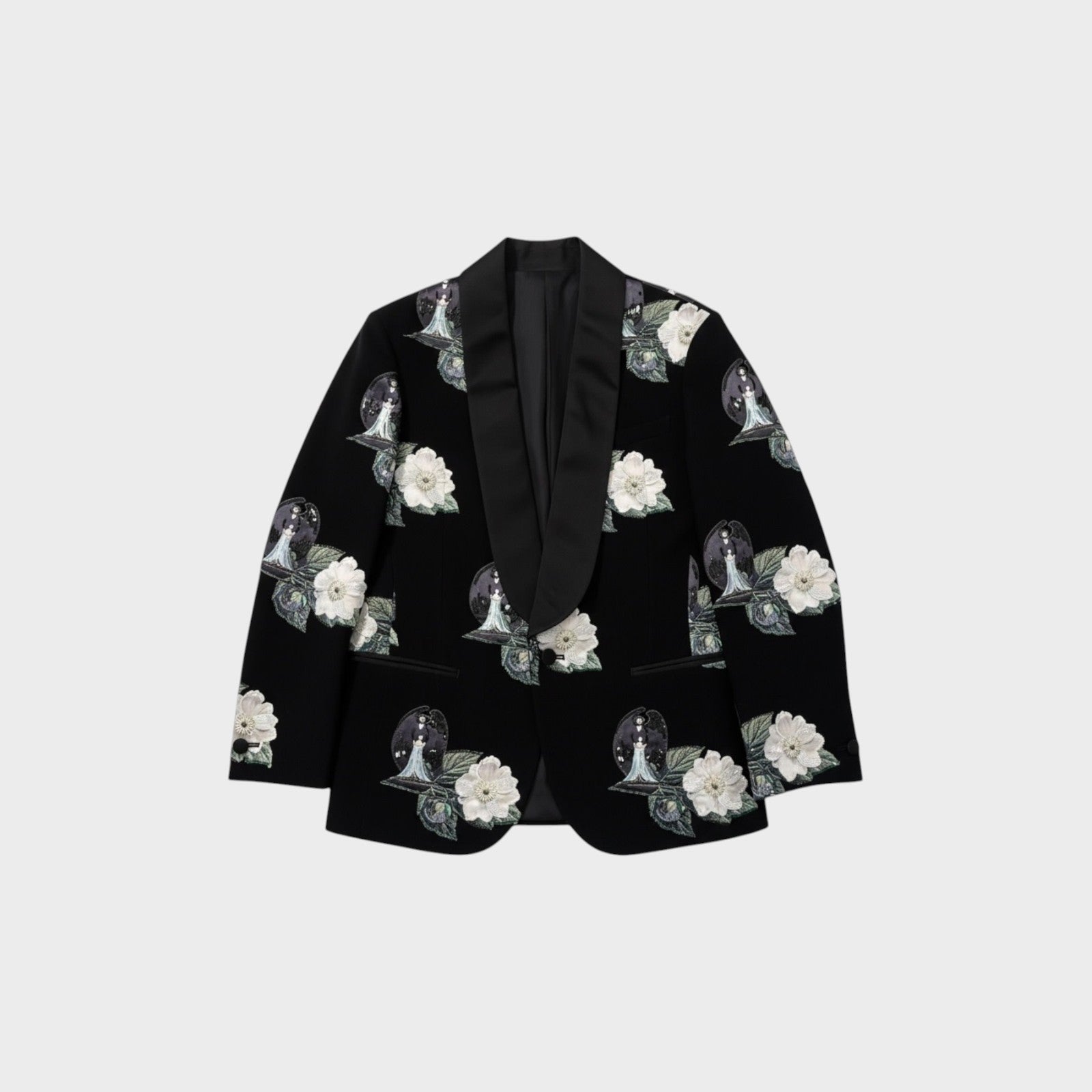 Tasoni black single-breasted blazer with embroidered roses and a figure in a snow globe print. Features satin lapels.