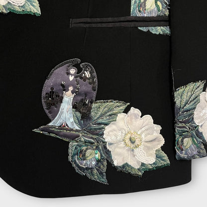 Tasoni black single-breasted blazer with embroidered floral and figural patches, sequins, and beading.
