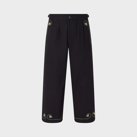 Tasoni black mid-rise trousers with playing cards motif embroidery on pockets and hem.