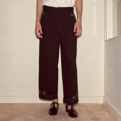 Tasoni black mid-rise trousers with embroidered playing card motifs on pockets and hem.