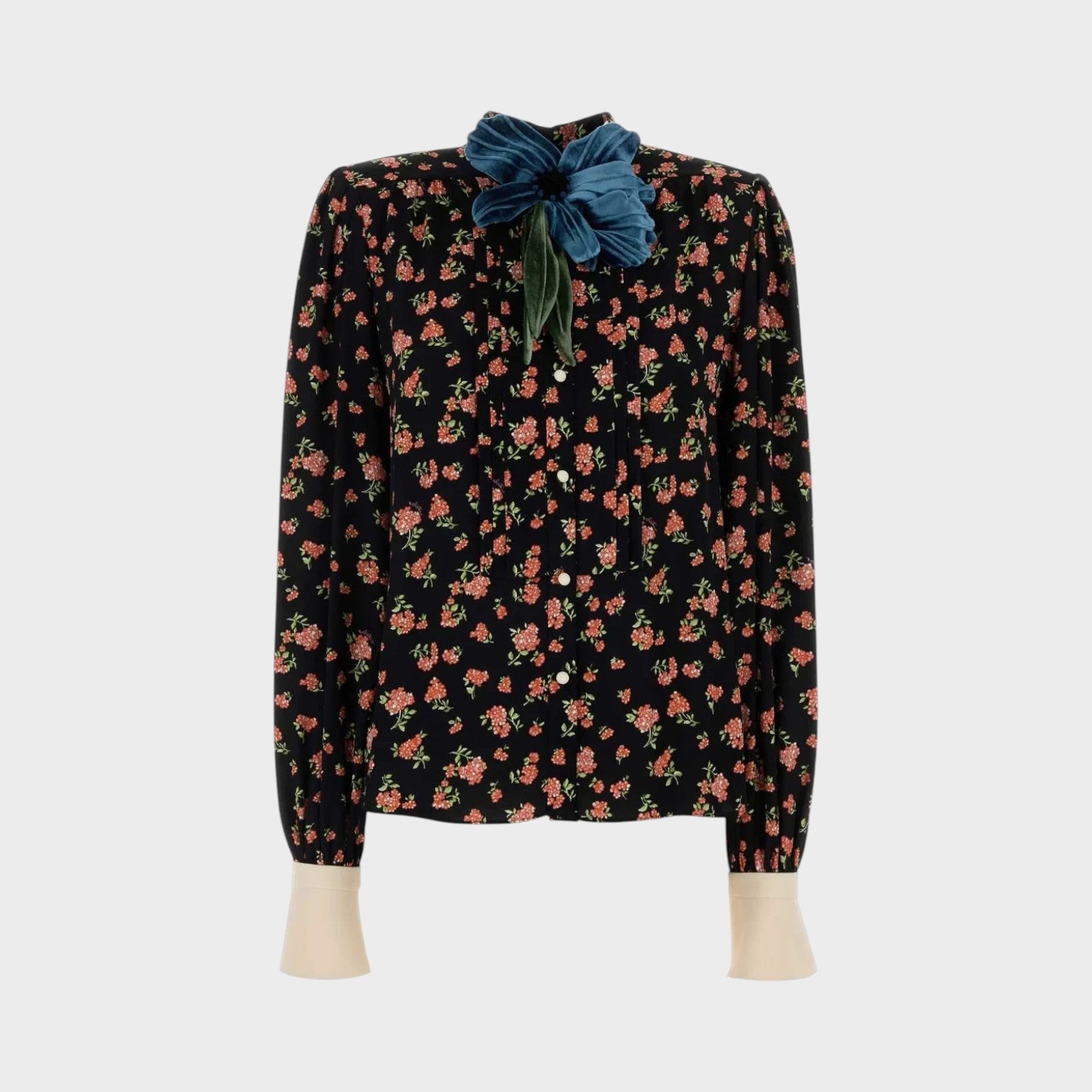 Tasoni black long-sleeve shirt with multicolor floral print and a large teal velvet flower accent at the collar.