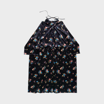 Tasoni black velvet long sleeve dress with a colorful floral print and a tie waist.