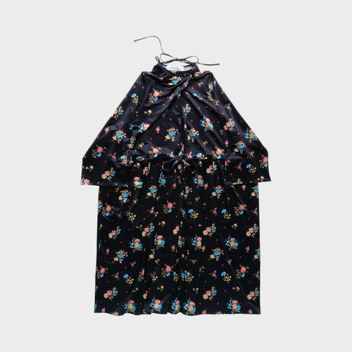 Tasoni black velvet long sleeve dress with a colorful floral print and a tie waist.