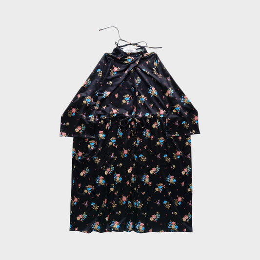 Tasoni black velvet long sleeve dress with a colorful floral print and a tie waist.