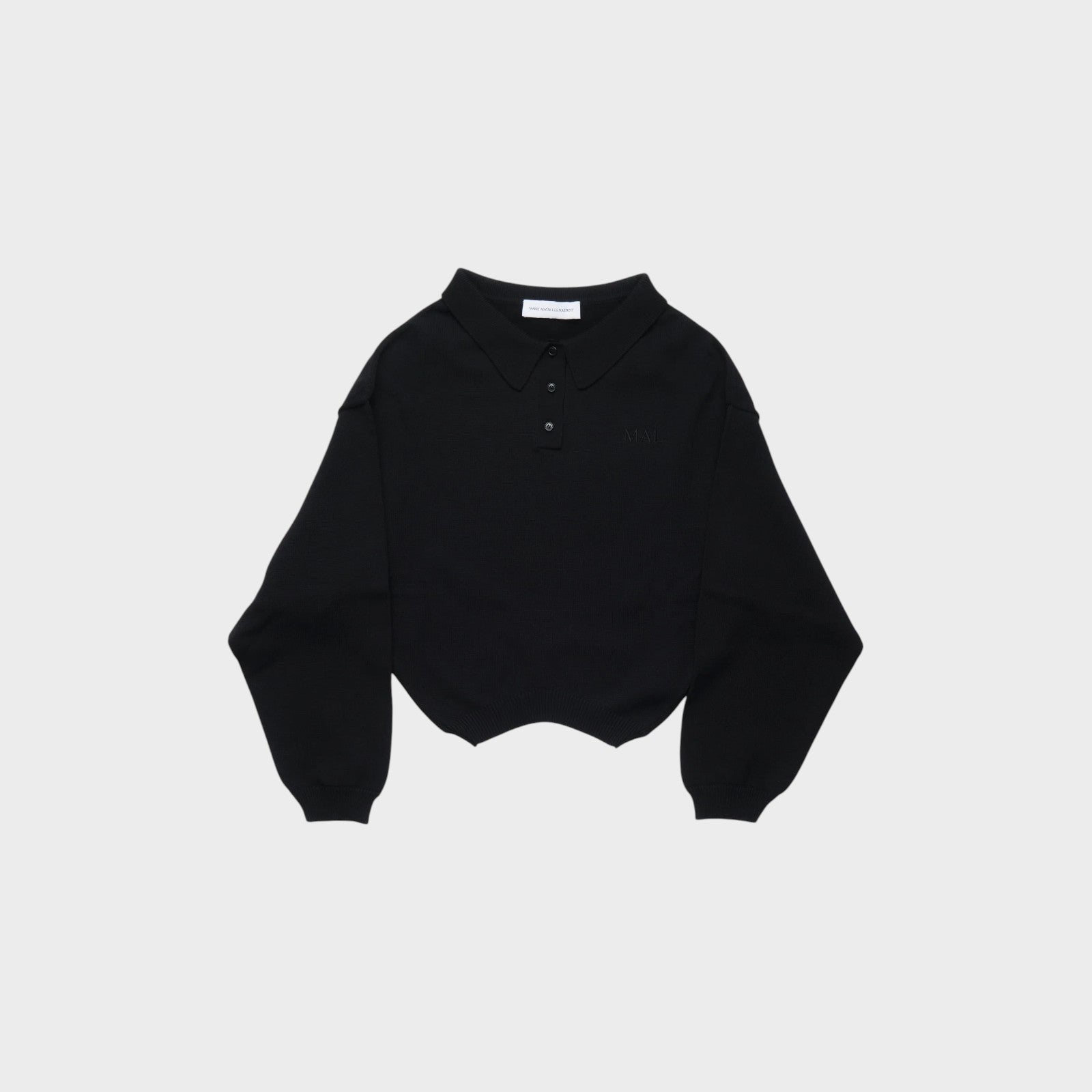 Tasoni black knit polo sweater with a cropped hem and embroidered logo on chest.