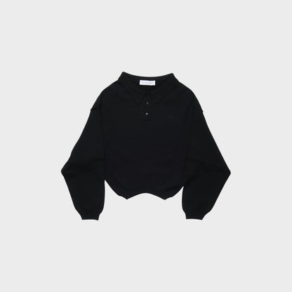 Tasoni black knit polo sweater with a cropped hem and embroidered logo on chest.
