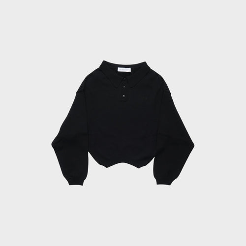 Tasoni black knit polo sweater with a cropped hem and embroidered logo on chest.