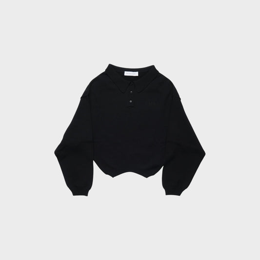 Tasoni black knit polo sweater with a cropped hem and embroidered logo on chest.