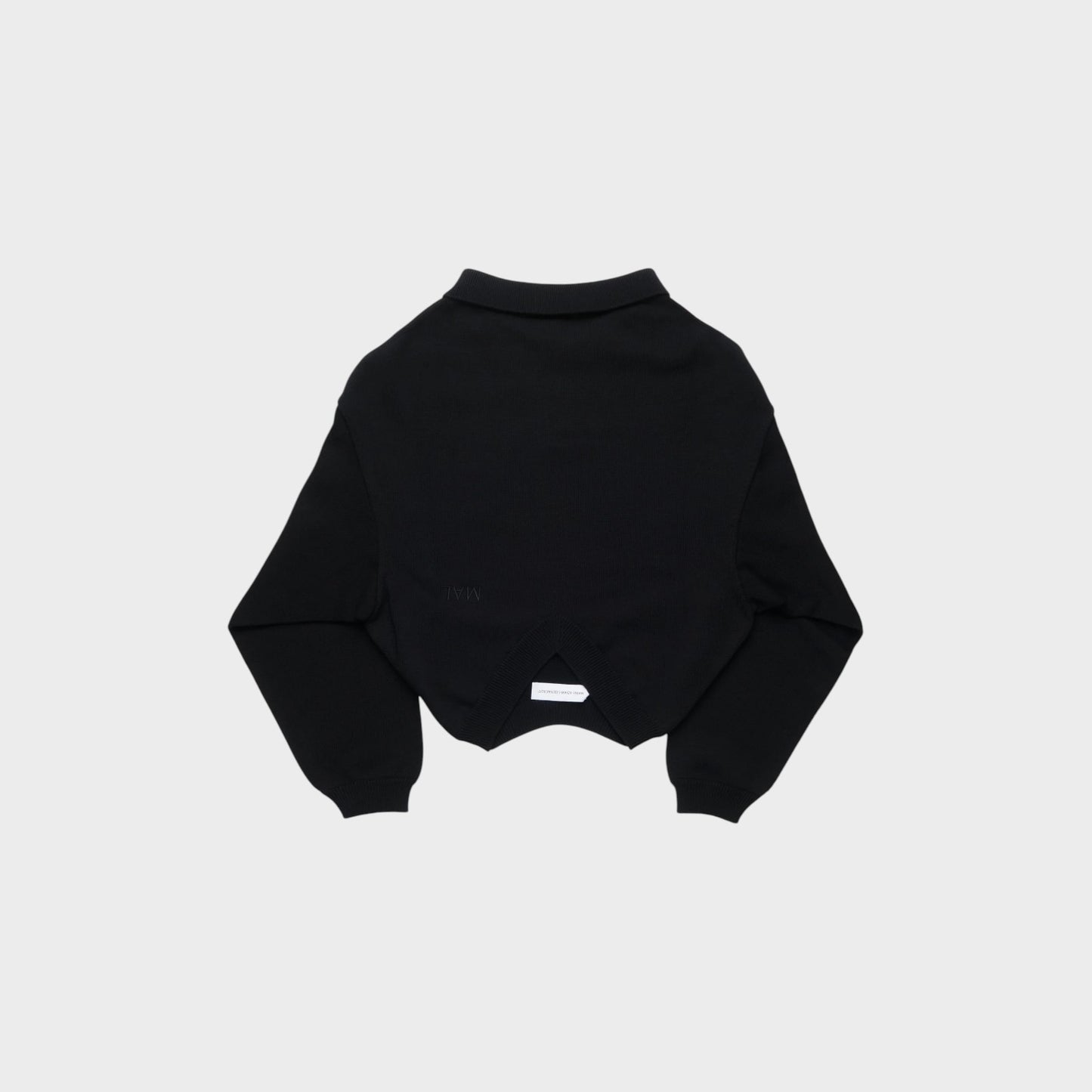 Tasoni black knit polo sweater with a cropped hem and a unique V-shaped back detail.