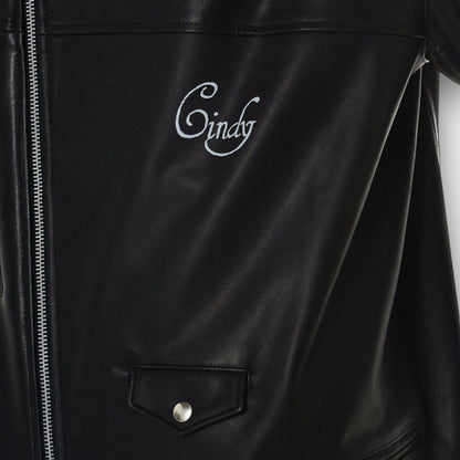 Tasoni black leather blouson coat with embroidered 'Cindy' detail and silver snap pocket.