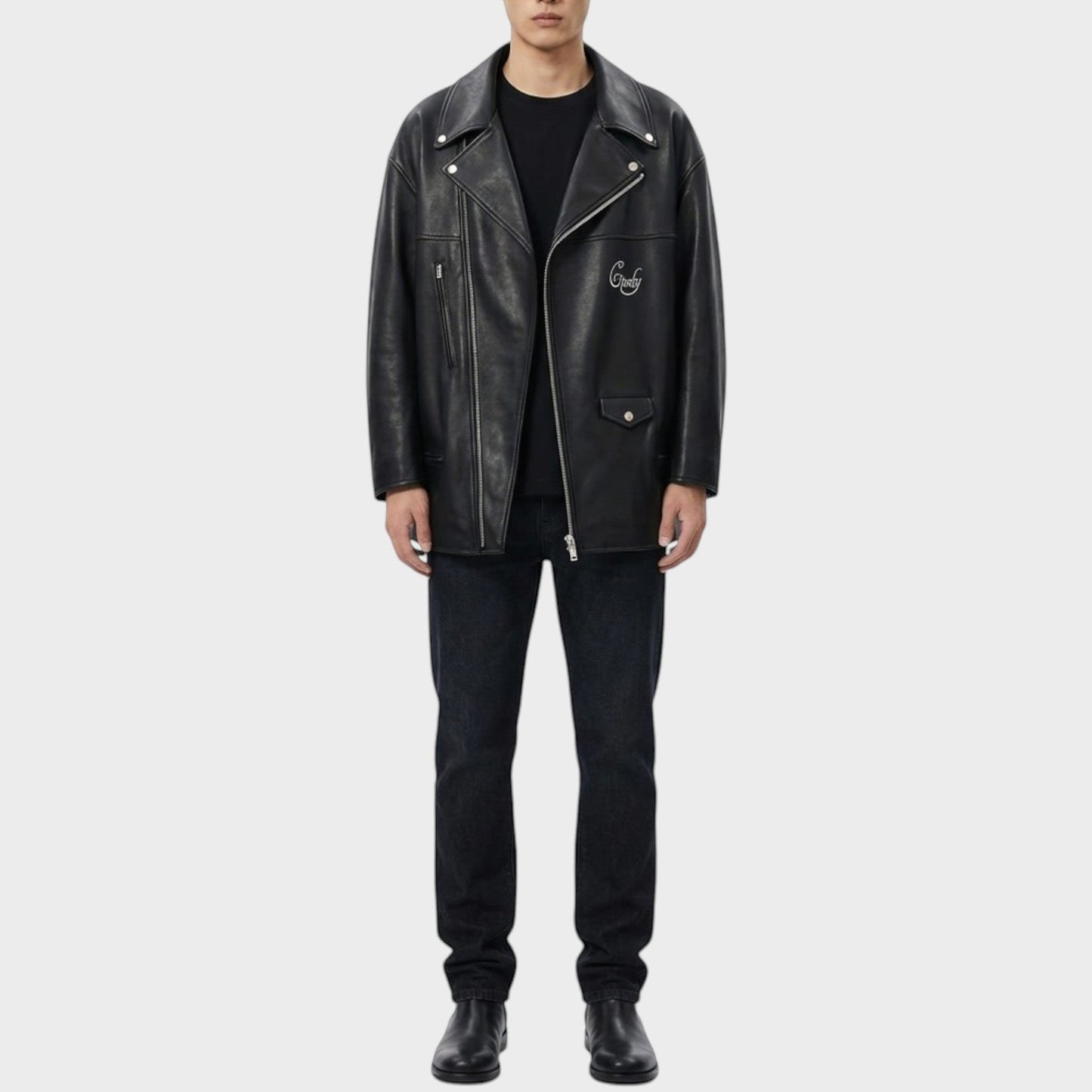 Tasoni black leather blouson coat with Cindy Sherman print detail, featuring a classic biker jacket design with silver hardware.