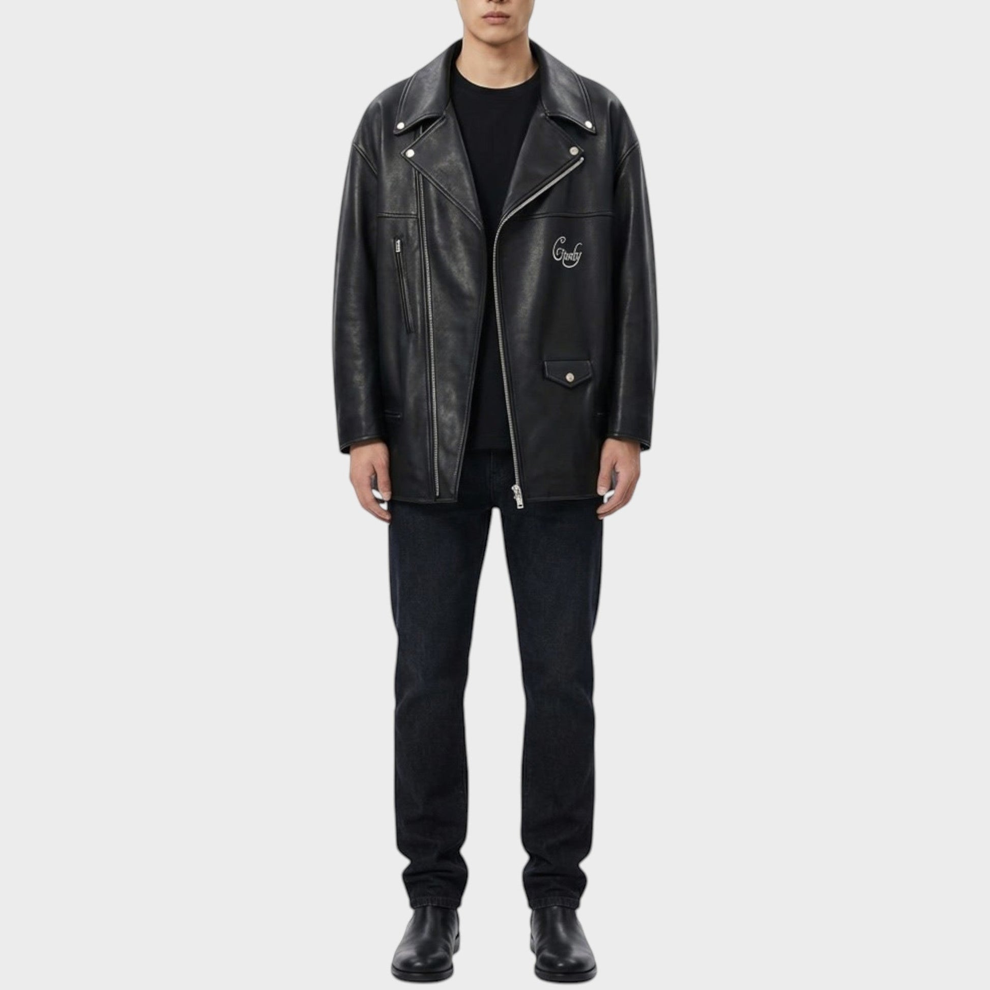 Tasoni black leather blouson coat with Cindy Sherman print detail, featuring a classic biker jacket design with silver hardware.
