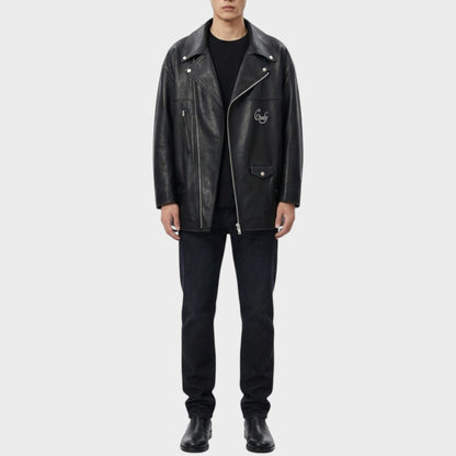 Tasoni black leather blouson coat with Cindy Sherman print detail, featuring a classic biker jacket design with silver hardware.