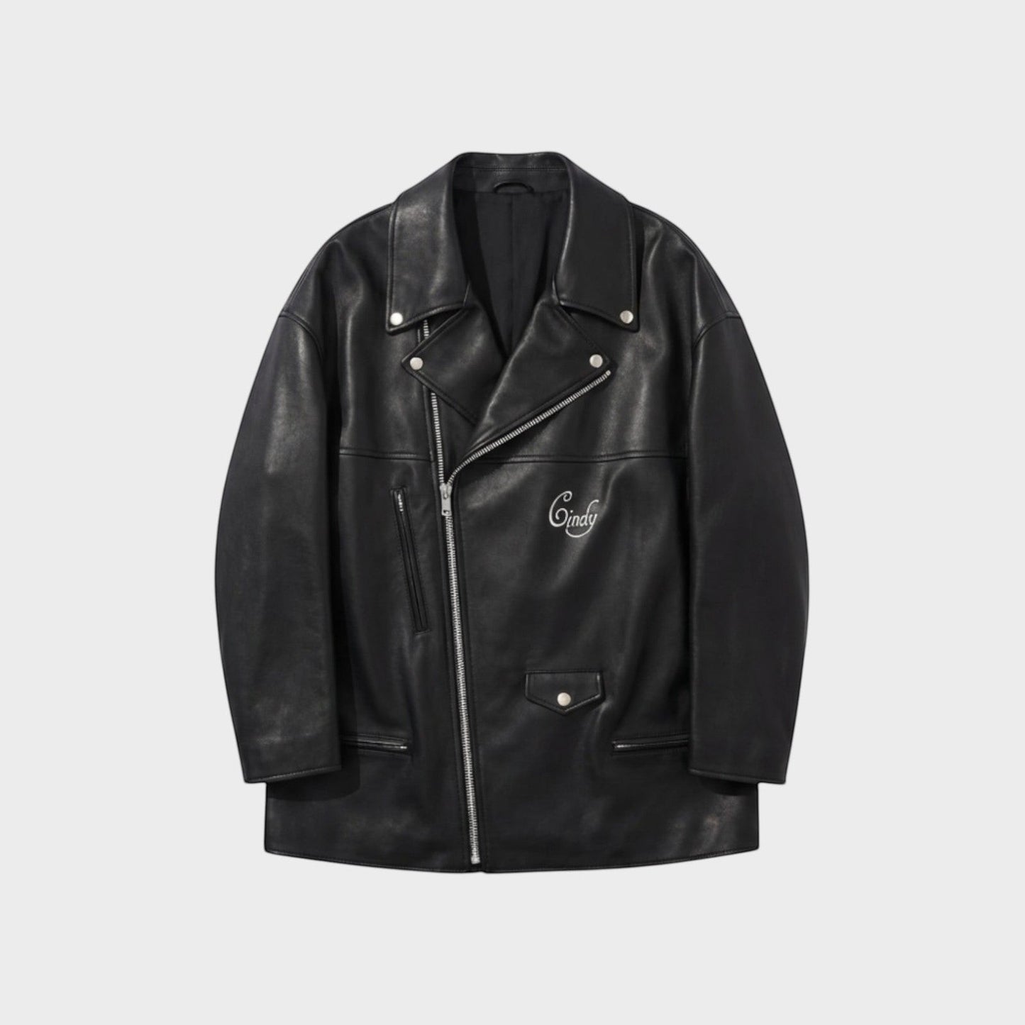 Tasoni black leather blouson jacket with a silver zipper and embroidered 'Cindy' detail on the chest.