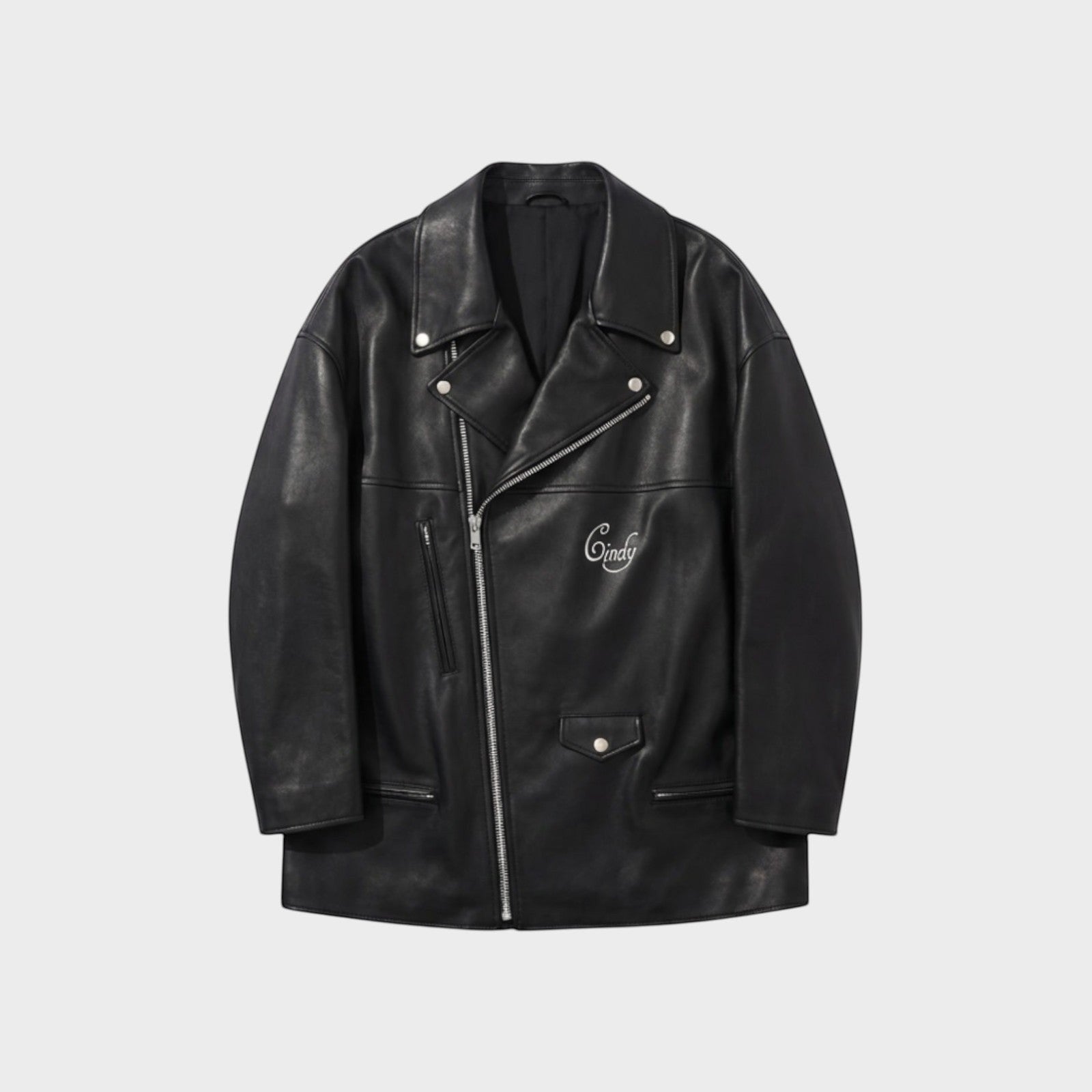Tasoni black leather blouson jacket with a silver zipper and embroidered 'Cindy' detail on the chest.